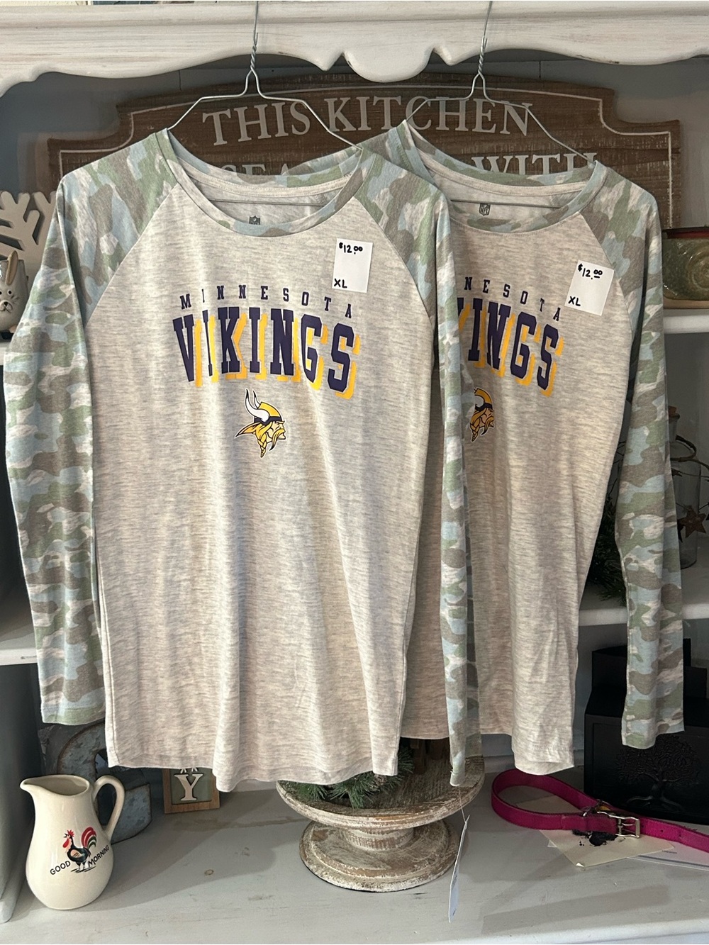 2 NFL Minnesota Vikings Gray Raglan Long Sleeve Tees with Camo Sleeves.